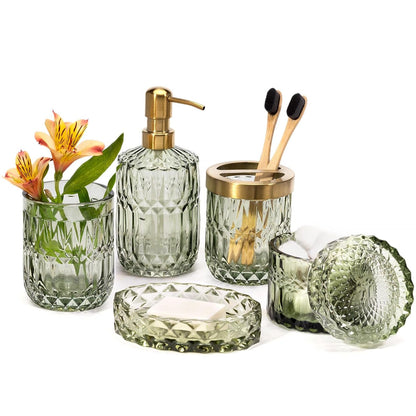 6PCS Bathroom Clear Glass Accessories Set (Lotion Soap Dispenser, Soap Dish, Toothbrush Holder, Tumbler, Cotton Swab Jar), Contemporary Modern Decor Crystal Vintage Gift (6pcs Green)