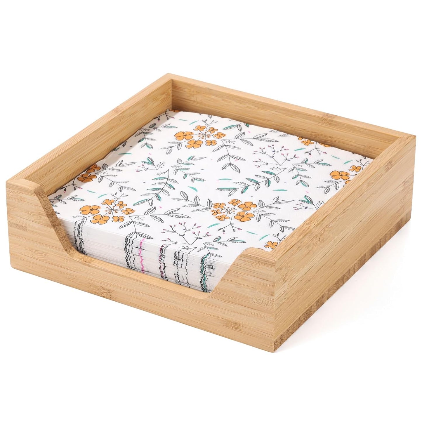 Bamboo Napkin Holder, 7.36" x 7.36" x 2.16" Napkin Holder | Napkin Dispenser with Large Side Opening for Easy Access, Large Storage Square Napkin Dispenser, Home Kitchen Tabletop Decor