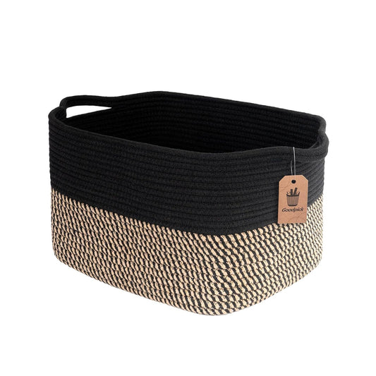 Goodpick Woven Storage Basket for Shelves, 13" x 10" x 9", Black Jute | Stylish Gift Basket for Office & Home, Wicker Baskets for Books, Toys & Towels Storage, Nursery & Bedroom Closet Organization