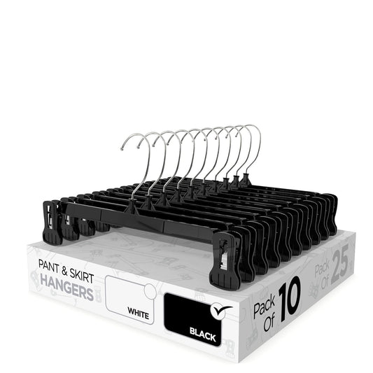 Pant & Skirt Hangers - Closet Hangers for Shorts, Shirts, Jeans, Dresses, Slacks, Coats, Clothes, Clothing, Garments & More - Durable, Space Saving & Non-Slip, Black - 10 Pack