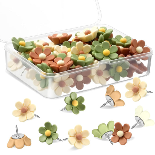 Sawysine 60 Pcs Cute Push Pins Decorative Push Pins Thumb Tacks Colorful Flower Pushpins, Flower Thumb Tack for Cork Board Wall Office Home(Coffee Color, Beige, Green)