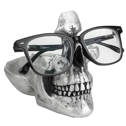Mrlikale Skull Glasses Stand Holder, Creative Eyeglasses Holder (Silver) | Sunglasses Spectacle Display Rack, Key Holder Resin Sculptures for Entryway, Home, Office, Desk, Nightstand