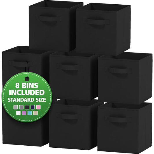 Storage Cubes Pack Of 8 - Standard Size Cube Storage Bin 10.5x10.5x11 With Dual Handles For Easy Carrying- Fabric Storage Bins Collapsible (Black)