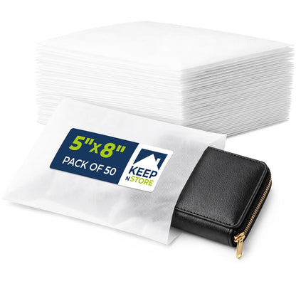 Pack of 50 Anti-Scratch Pouches, 5" x 8" Protective Dust Bags for Handbags, Shoes, and Accessories - Made in USA Purse Dust Bag for Storage - Soft, Breathable Cloth-Like Shoe Storage Bag