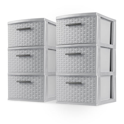 Sterilite 2-Pack 3-Drawer Weave Tower, Medium Storage Closet Organizer, Cement - Plastic Drawers and Containers for Bedroom, Cabinet, Clothes, Dresser, and Kitchen Pantry Organization