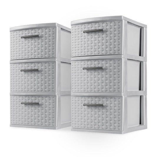 Sterilite 2-Pack 3-Drawer Weave Tower, Medium Storage Closet Organizer, Cement - Plastic Drawers and Containers for Bedroom, Cabinet, Clothes, Dresser, and Kitchen Pantry Organization