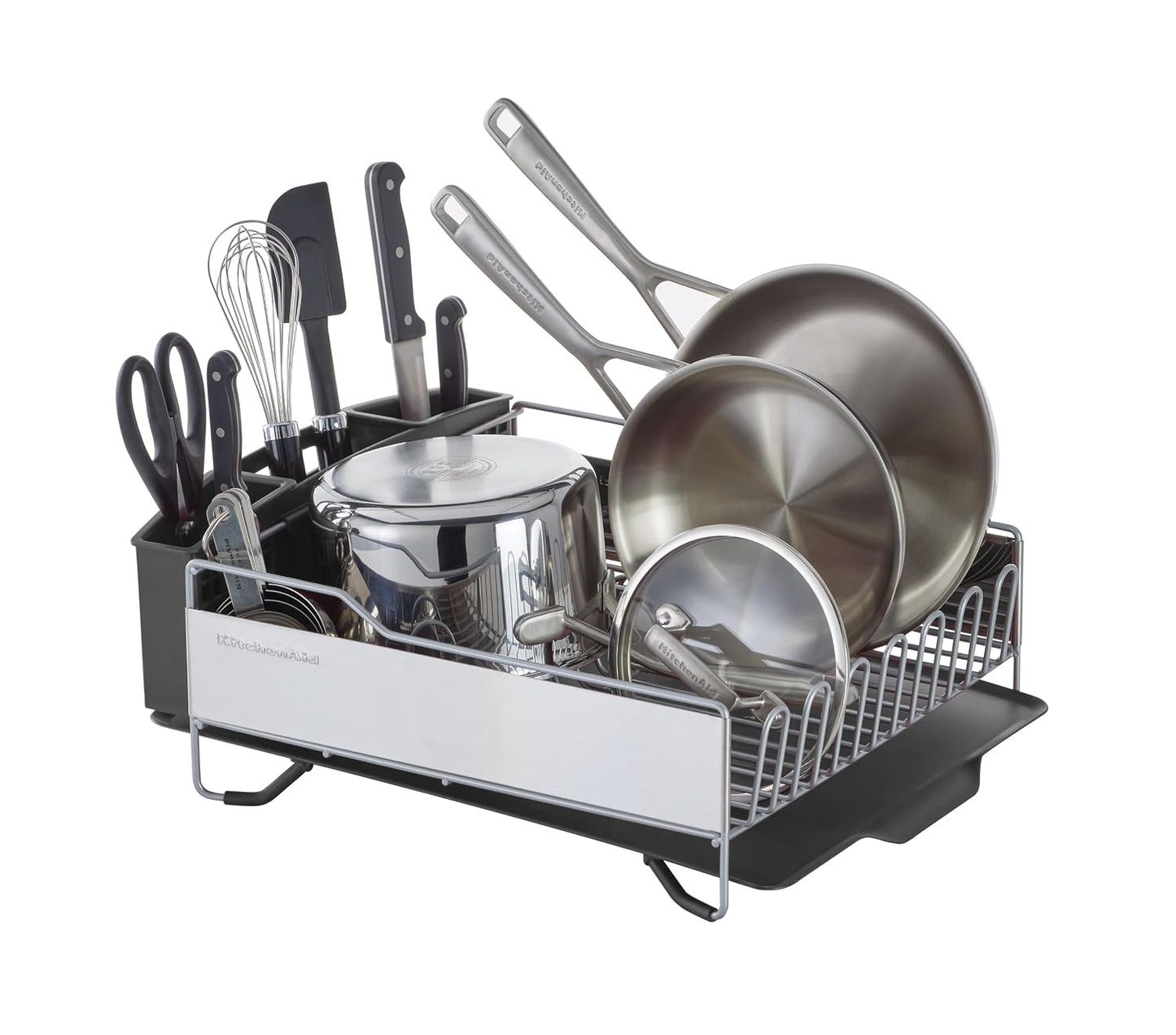 KitchenAid Large Capacity Full Size Rust Resistant Dish Rack with Angled Drain Board and Removable Flatware Caddy, Light Grey