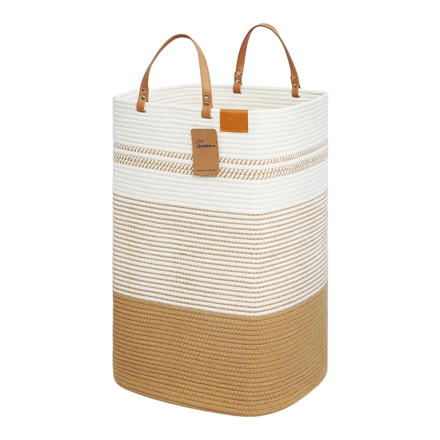 Large Laundry Hamper – 75L Tall Woven Cotton Storage Basket with Leather Handles, Slim Dirty Clothes Hamper, Decorative Storage Basket for Blanket,Toys White & Jute