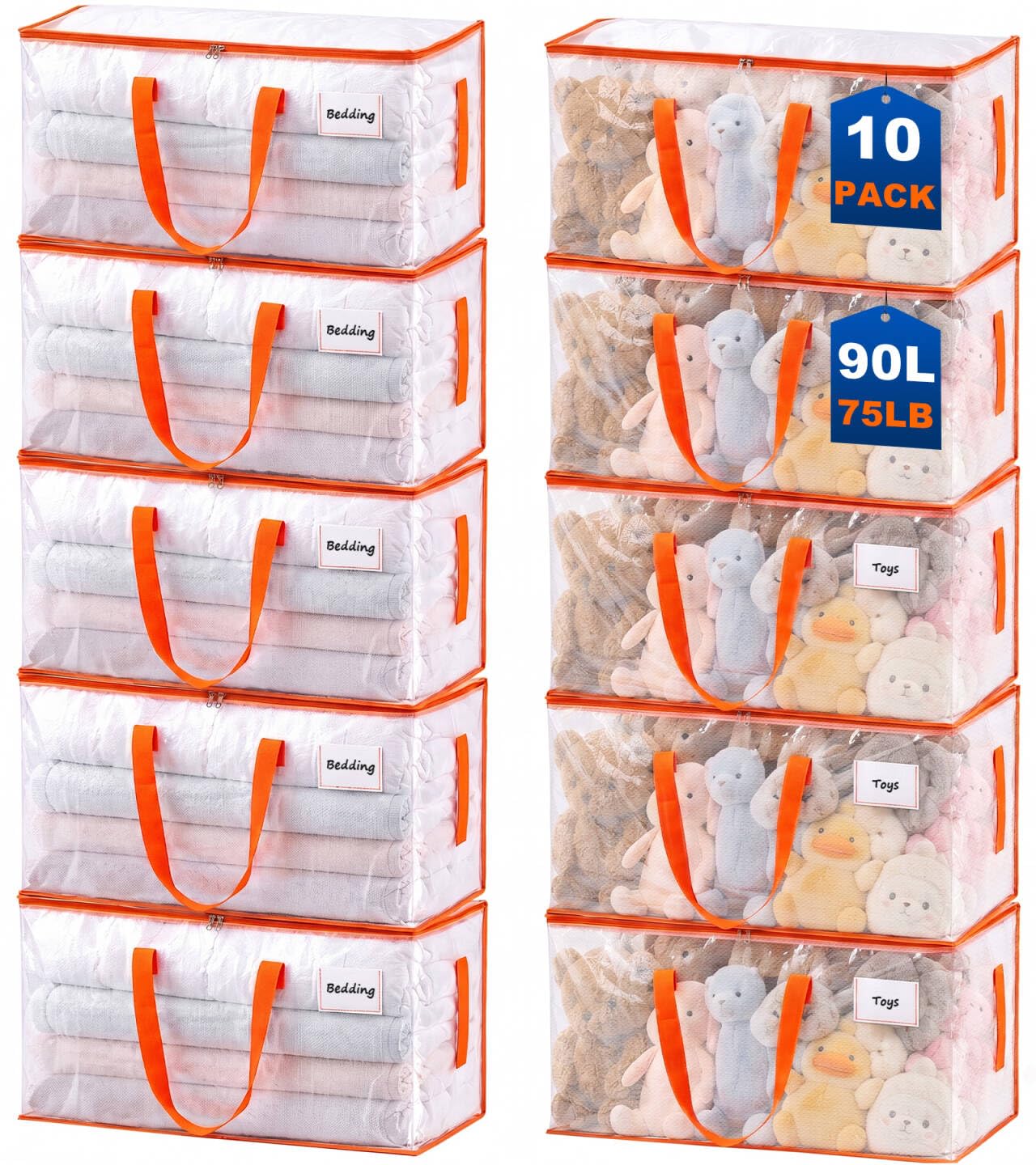 KYODOLED 10-Pack Clear Moving Bags Heavy Duty Extra Large, Storage Totes with Reinforced Handles, Zippers & Label Pocket, Transparent Packing Containers for College Dorm, Clothes, Bedding, Toys