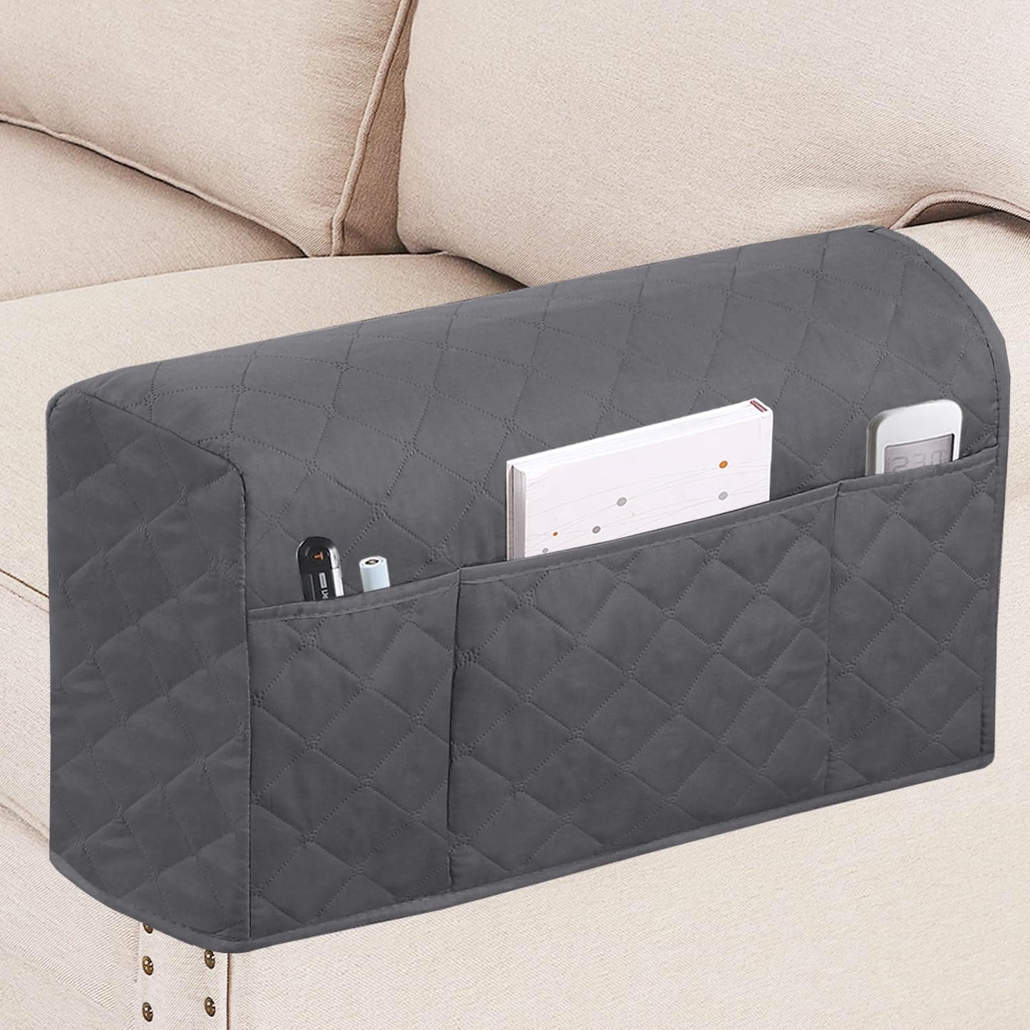 Turquoize 2 Pack Waterproof Armrest Covers for Chairs and Sofas Couch Arm Covers for Sofa Armrest Covers with Side Pocket Anti-Slip Furniture Protector Washable Armrest Slipcovers Set of 2, Gray