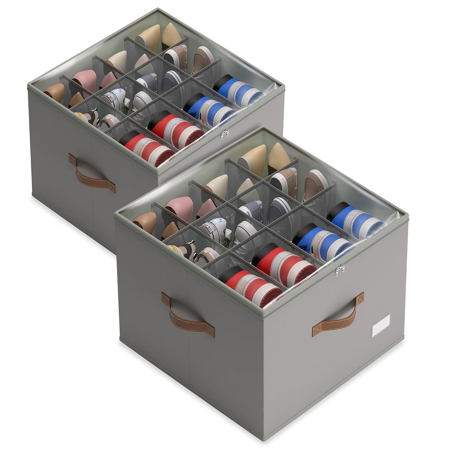 Vincona Shoe Organizer for Closet,2 Pack Shoe Storage Bins Foldable Shoe Storage Box Containers with Clear Cover and Sturdy Handles,Shoe Rack for Closet Storage for Sneakers Heels Slippers (Grey)