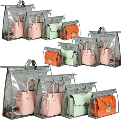 12 Packs Dust Bags for Handbag, Clear Purse Storage Organizer Bag for Closet with Zipper and Handle, 4 Size Hanging Dust Cover Bag for Purse Crafts Protector