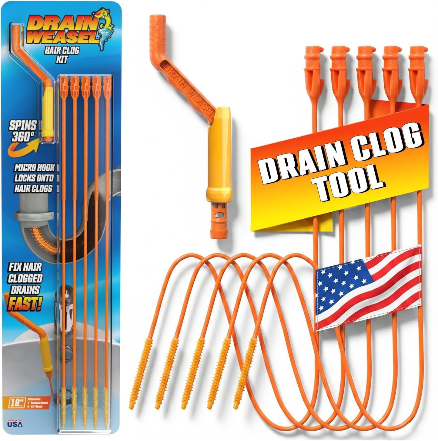 FlexiSnake Drain Weasel Sink Snake Hair Clog Remover Tool Kit, 5 Wands | Pipe, Bathroom, Bathtub Cleaner, 18-inch Long Refills, Flexible, Removable Handle, Made in The USA