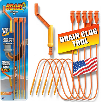 FlexiSnake Drain Weasel Sink Snake Hair Clog Remover Tool Kit, 5 Wands | Pipe, Bathroom, Bathtub Cleaner, 18-inch Long Refills, Flexible, Removable Handle, Made in The USA