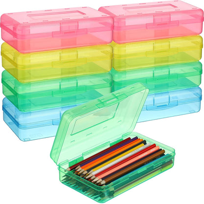 Fainne 12 Pcs Plastic Pencil Box Large Crayon Box Pencil Case with Snap Closure Lids Multi Purpose Clear Plastic Storage Organizer for School Office Supplies, 4 Colors(Bright Colors)