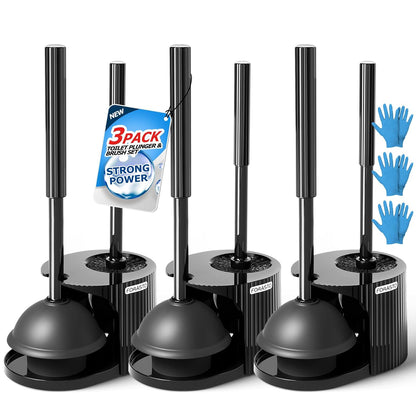 FORASTO 2IN1 Toilet Brush and Plunger Set, 3Pack Extended Handle Combo | Black bathroom accessories, bathroom decor, apartment essentials, home essentials, cleaning supplies, compact floor storage