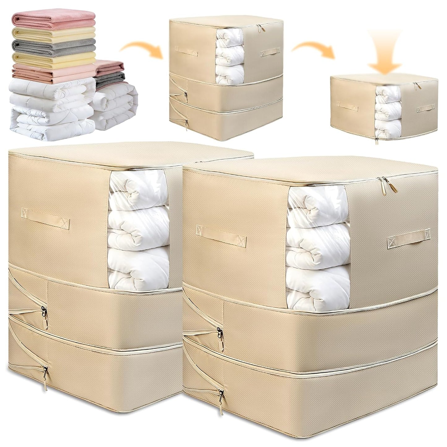 2 Pack Space Saving Comforter Storage Bag with Handle, 3-Layer Compression Blanket Storage Bags Adjustable In 3 Sizes (142L, 107L, 71L), Washable Bedding Organizer For Pillow Duvet Clothing Plush Toy