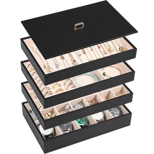 Stackable Jewelry Organizer Tray with Lid, PU Leat... (Black)