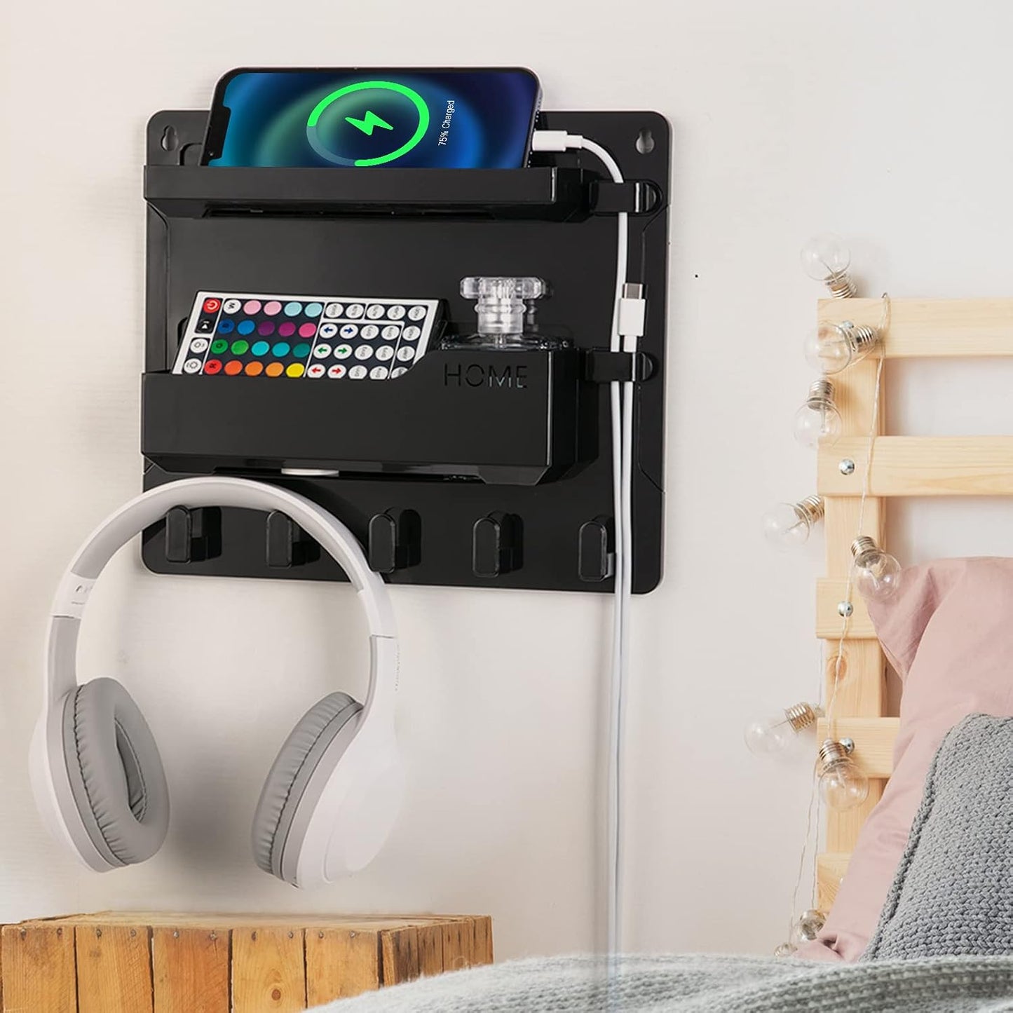 YONGAIJIA Bedside Wall Mount Shelf, Adhesive Bedside Organizer for Remote、Phone、Glasses. Bedside Accessories Storage Suitable for College Dorm 、bunk Bed 、 Bedroom、Rv（Black）