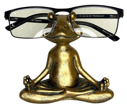 Top Brass Yoga Frog Eyeglass Holder – Whimsical Reading Glasses Sunglass Stand – Funny Desk Nightstand Keeper Rack Display – Meditating Zen Lotus Pose Figurine
