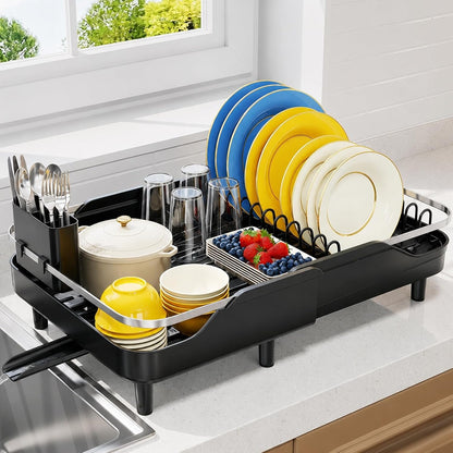 Urackify Expandable Dish Drying Rack for Kitchen Counter,16.2-23.7in,Black | Adjustable Capacity, Countertop-Stay-Dry Drainboard, Heavy-Duty Steel, Stable Plate Rack, Spave Saving for Apartment,RV,Dorms