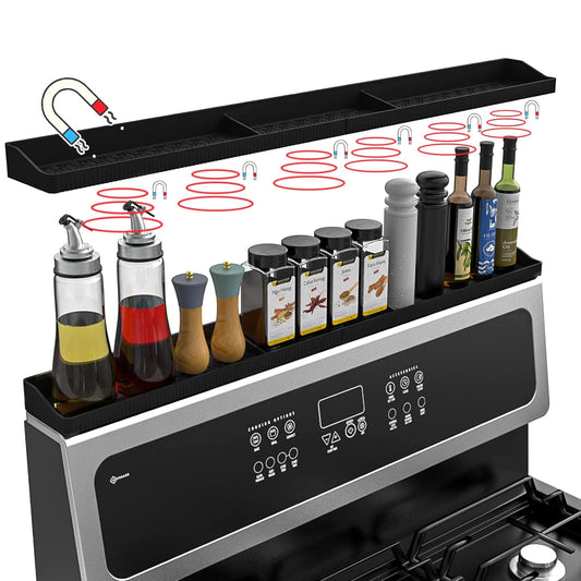 Stove Top Shelf 30 Inch - Silicone Material Magnetic Shelf for Stove -Black | 3 Functional Partitions,Heat Resistant Kitchen Spice Rack Organizer
