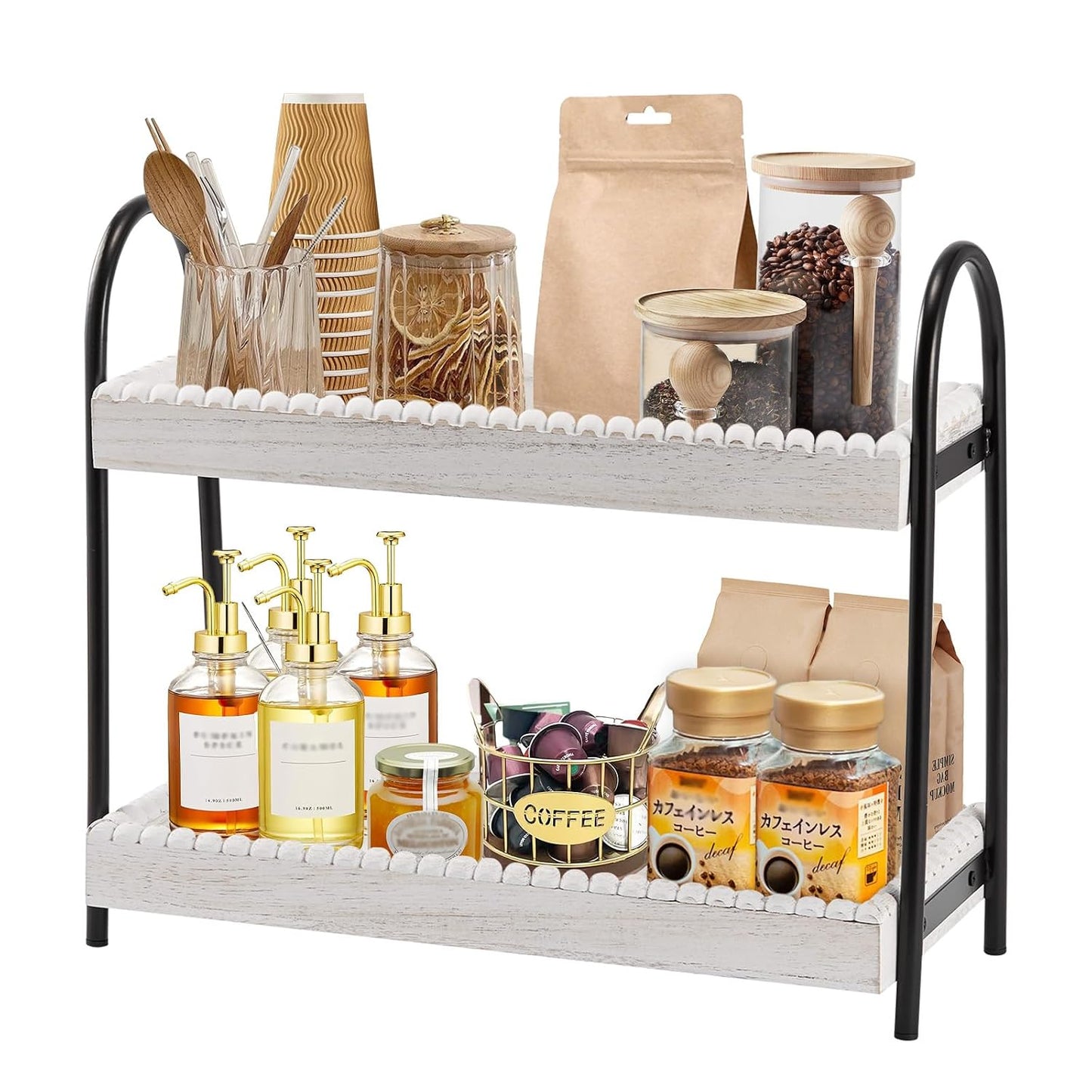 2 Tier Coffee Bar Organizer, Wood Coffee Bar Accessories Shelf for Countertop, Rustic Coffee Station Organizer Decor Stand Rack for Mugs Cups Syrup, Condiment Storage Holder for Kitchen, Home, Office