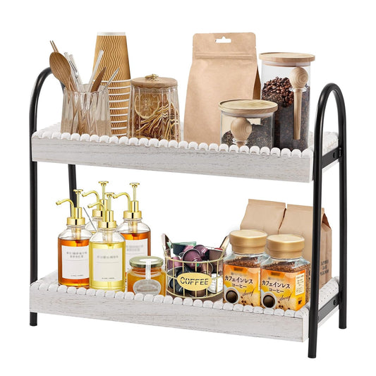 2 Tier Coffee Bar Organizer, Wood Coffee Bar Accessories Shelf for Countertop, Rustic Coffee Station Organizer Decor Stand Rack for Mugs Cups Syrup, Condiment Storage Holder for Kitchen, Home, Office