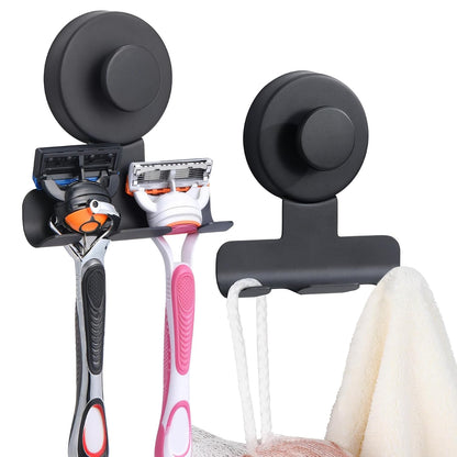 Razor Holder for Shower, Stainless Steel No-Drill Shaver Hook | Heavy-duty damage-free on tiles/glass; Holds razor/shaver, towel & loofah; Reusable, rust-resistant; 2Pcs Matte Black