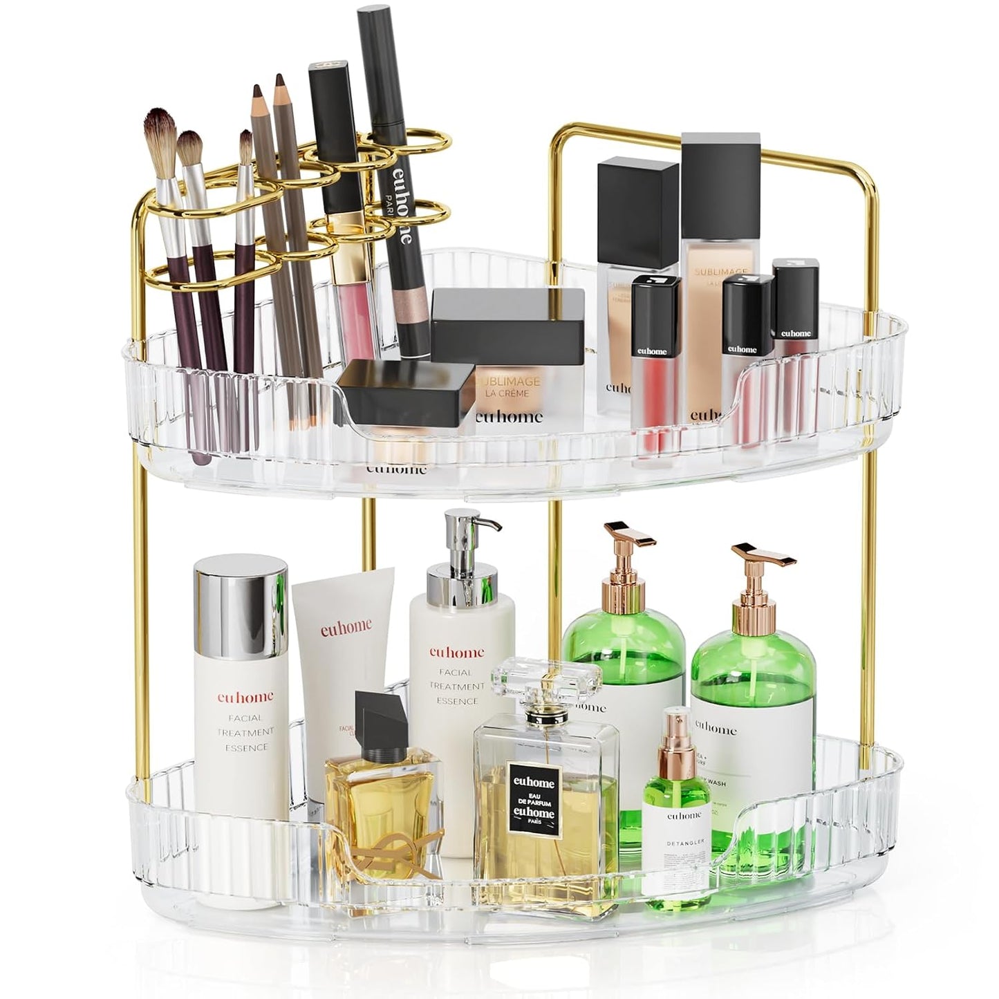 2-Tier Corner Bathroom Organizer Counter - Acrylic Makeup Skincare Organizer with Brush Holder, Perfume Tray for Countertop, Vanity, Dresser, Kitchen（Clear）