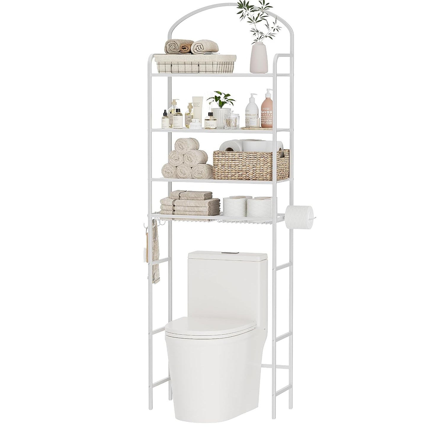 4-Tier Over The Toilet Storage, Bathroom Organizer | Space-Saving, 72"H Above Toilet Storage Rack with 4 Hooks and Paper Holder, Metal Shelf, White
