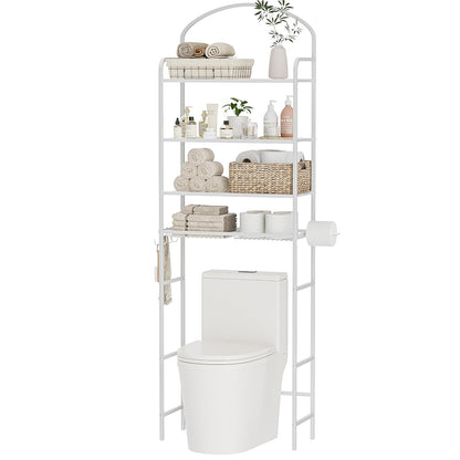 4-Tier Over The Toilet Storage, Bathroom Organizer | Space-Saving, 72"H Above Toilet Storage Rack with 4 Hooks and Paper Holder, Metal Shelf, White