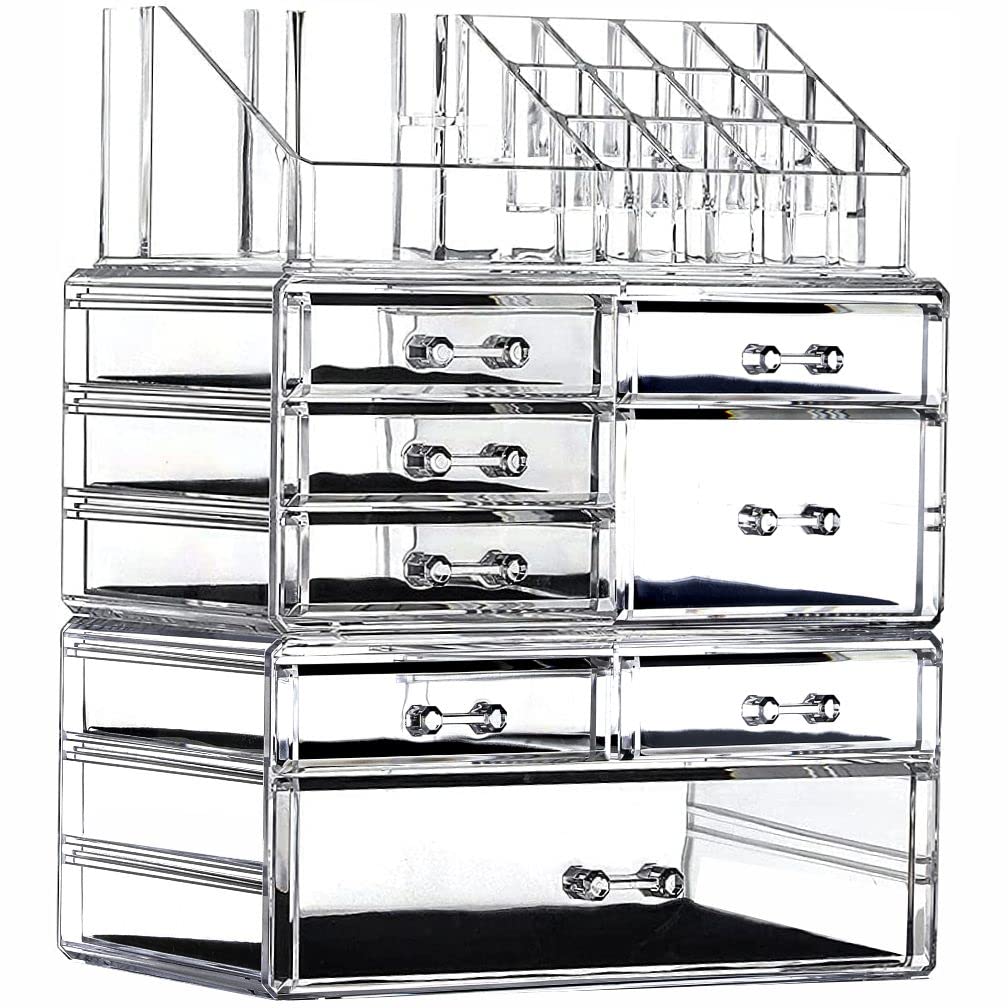 Cq acrylic 3 Pack Clear Makeup Organizer Countertop,Stackable 8 Drawers Skincare Organizer,Cute Skin Care Organizer for Vanity Hair Clip,Jewelry,Beauty Product Desk and Make Up Organizers for Vanity
