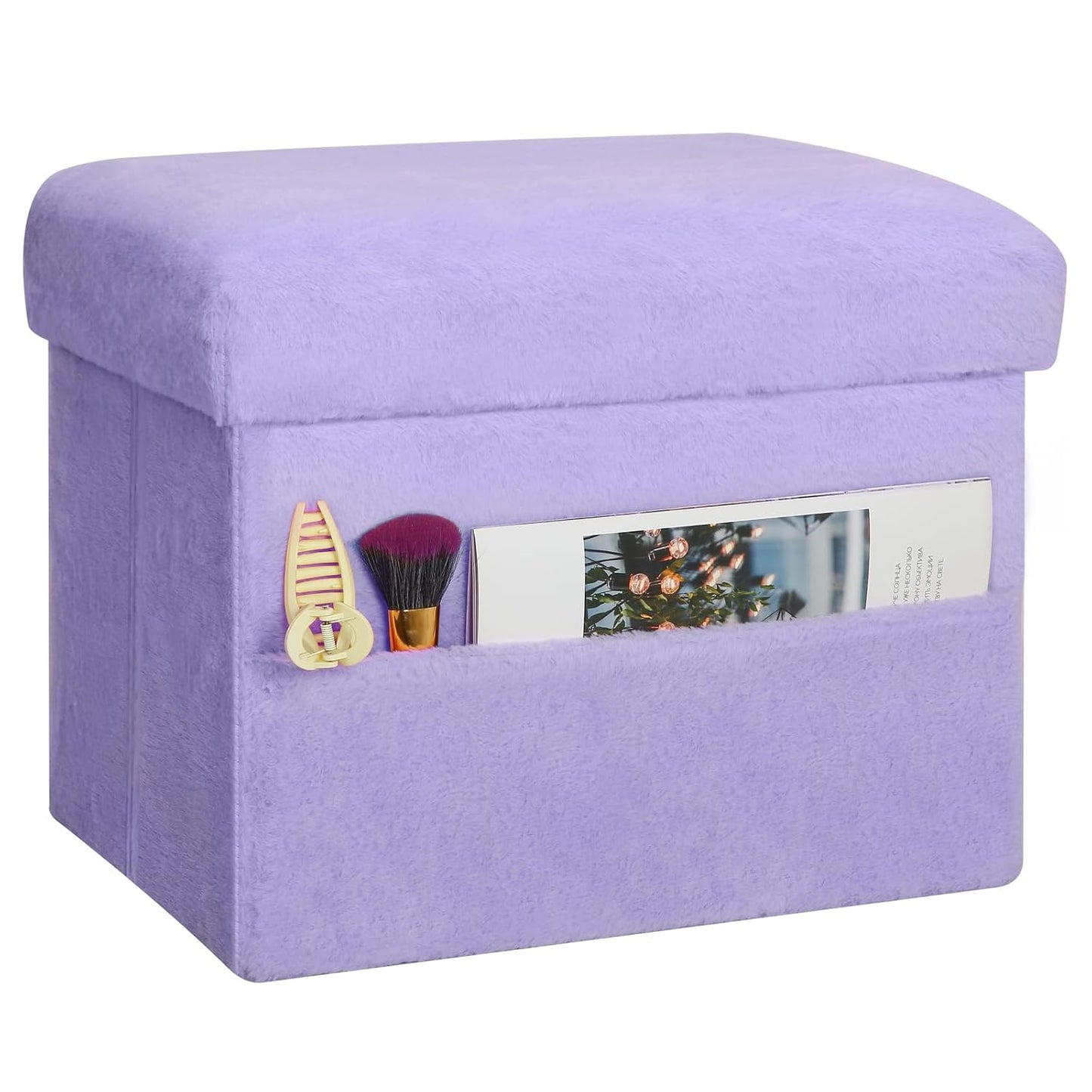 Small Ottoman with Storage, Folding Soft Fur Storage Foot Rest Stool with Thicker Furry Padded Seat. Ottoman Bench for Bedroom Living Room, Holds Up to 300 lbs, 17x13x13IN (Purple)