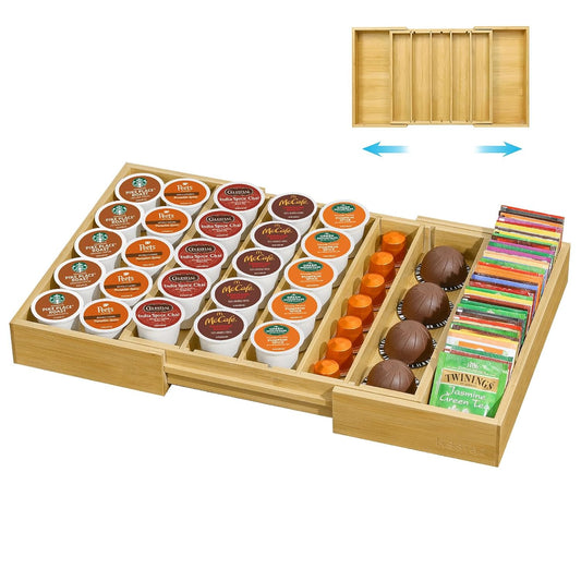 Bamboo K Cup Holder, Compatible with Nespresso Vertuo Capsules | 25-45 K Cup Drawer Organizer, Expandable K Pods Storage Tea bag organizer for Home Office and Kitchen