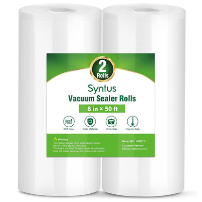 Syntus Vacuum Sealer Bags, 2 Rolls 8" x 50' Commercial Grade Bag Rolls, BPA Free Food Vac Bags for Storage, Meal Prep or Sous Vide