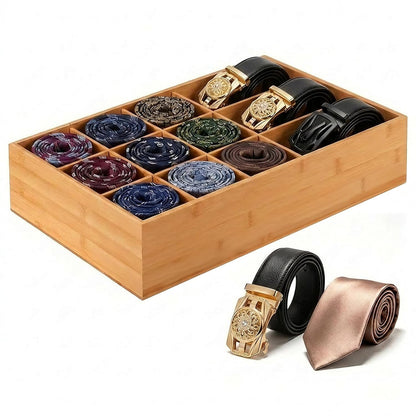 Bamboo Belt Organizer for Closet, Tie Storage Organizer Bins with Detachable Divider Drawer Organizer, Closet Organizers Storage Box for Socks, Bras, Briefs, Ties, Belts,Natural