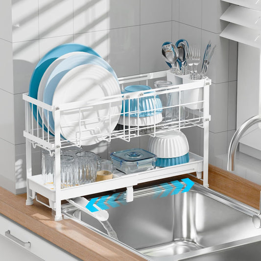 Narrow 2 Tier Dish Drying Rack - Expandable for Small Kitchens & RVs | Compact 7 in Deep, Expands 15.7-20.7 in, 360° Rotating Drain Spout, Removable Utensil Holder, Ideal for 1-2 People, White