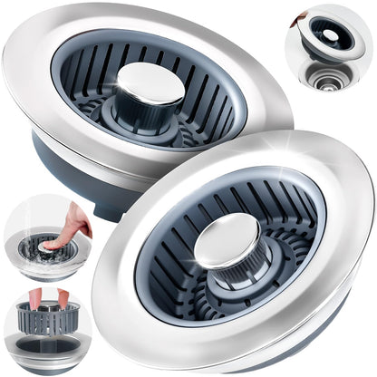 3 in 1 Kitchen Sink Drain Strainer Stopper Removable Basket Pop-Up | Kitchen Sink Accessories 2 Pack Silver Stainless - Food Catcher, Odor-Blocking Seal, Fits 3.5" Drain, Easy Clean