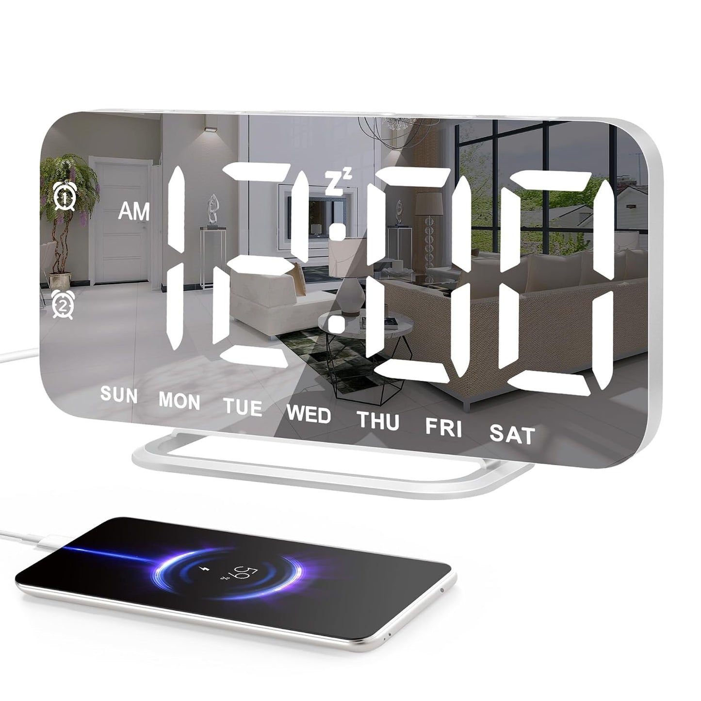 Slim LED Digital Alarm Clock, Mirror Surface for Makeup, with Diming, Large Display, Easy Setting, USB Charger Ports, Modern Bedroom, Desk, Office Living Room Decor, Christmas Birthday for Women Girl