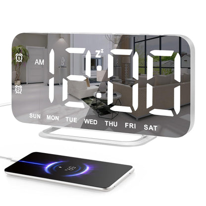 Slim LED Digital Alarm Clock, Mirror Surface for Makeup, with Diming, Large Display, Easy Setting, USB Charger Ports, Modern Bedroom, Desk, Office Living Room Decor, Christmas Birthday for Women Girl