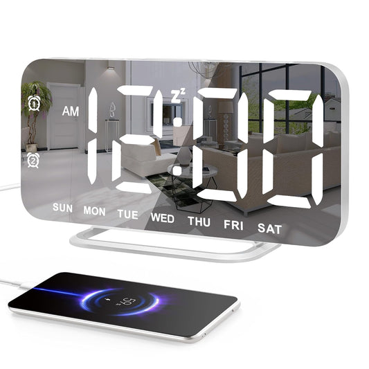 Slim LED Digital Alarm Clock, Mirror Surface for Makeup, with Diming, Large Display, Easy Setting, USB Charger Ports, Modern Bedroom, Desk, Office Living Room Decor, Christmas Birthday for Women Girl