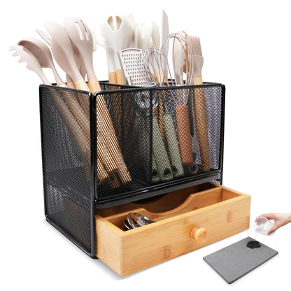 Kitchen Utensil Holder Countertop,Extra Large Utensil Organizer with Drawer | 2-Tier Utensil & Silverware Organizer for Kitchen Counter, Cooking Utensil Cutlery Caddy, Quick Dry Diatomite Base