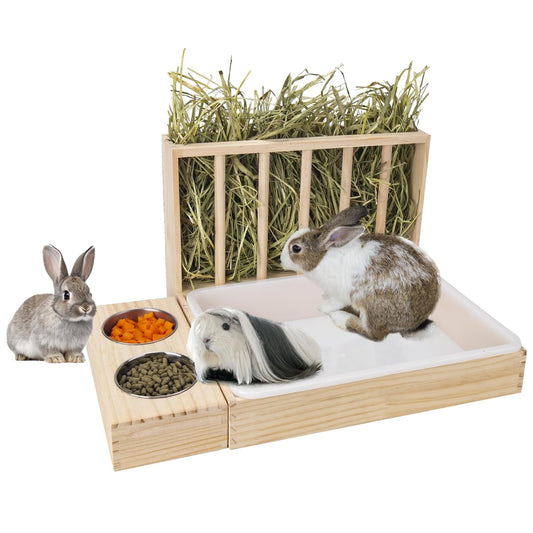 3 in 1 Rabbit Hay Feeder with Litter Box,Wooden Ha... (Natural 1 | Wood)