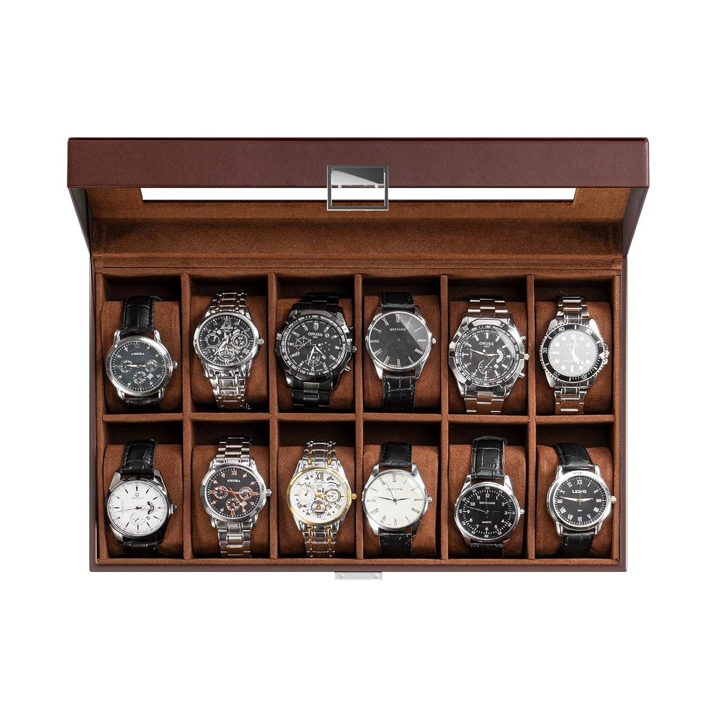 ProCase Watch Box Organizer, Fathers Day Gift for Dad, 12 Slot Watch Display Case With Glass Lid, Watch Storage Holder Mens Watch Case, Anniversary Birthday Gifts -12 Slot, Brown