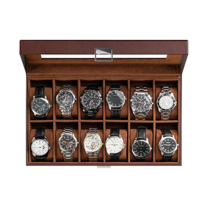 ProCase Watch Box Organizer, Fathers Day Gift for Dad, 12 Slot Watch Display Case With Glass Lid, Watch Storage Holder Mens Watch Case, Anniversary Birthday Gifts -12 Slot, Brown