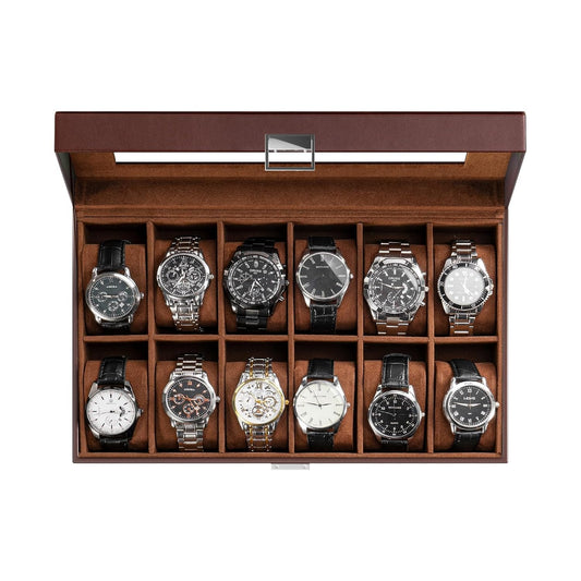 ProCase Watch Box Organizer, Fathers Day Gift for Dad, 12 Slot Watch Display Case With Glass Lid, Watch Storage Holder Mens Watch Case, Anniversary Birthday Gifts -12 Slot, Brown