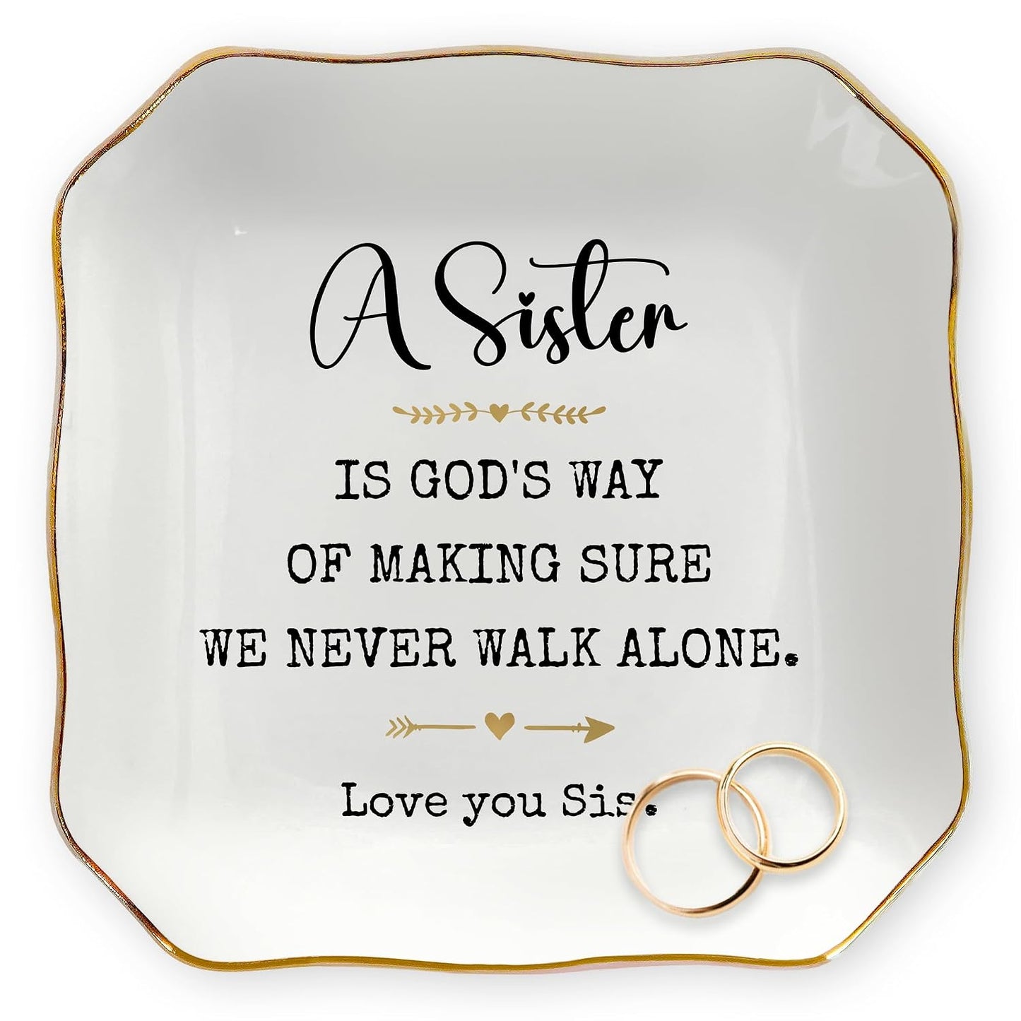 Sister Birthday Gifts for Women - 4"X4" Ceramic Jewelry Dish Tray | Sister Gifts, Ring Dish for Women, Gift For Sister, Gold Trim Design, Desk Vanity Decor, Polished Finish