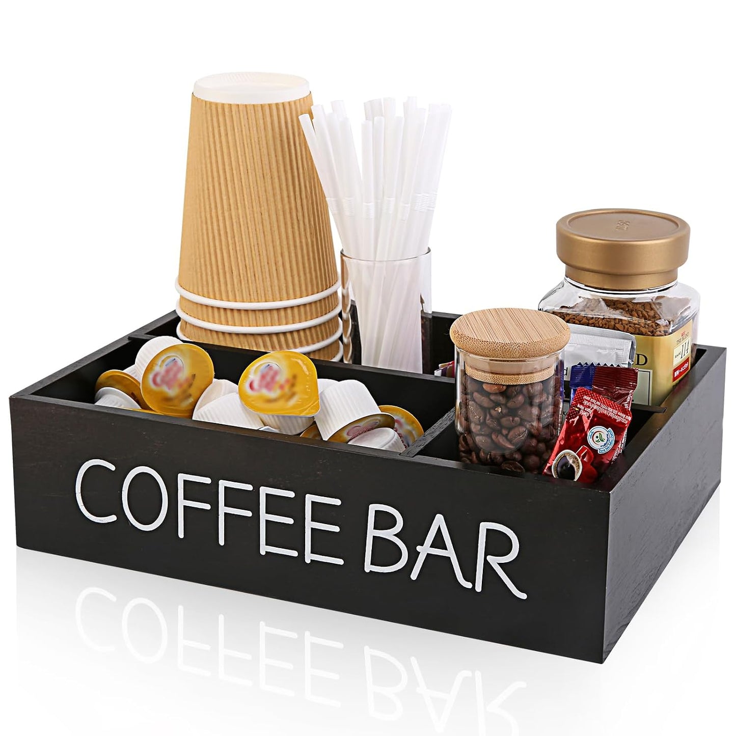 Coffee Bar Organizer – Wooden Coffee Station with 4 Compartments, Removable Dividers, and Condiment Storage for Home & Office