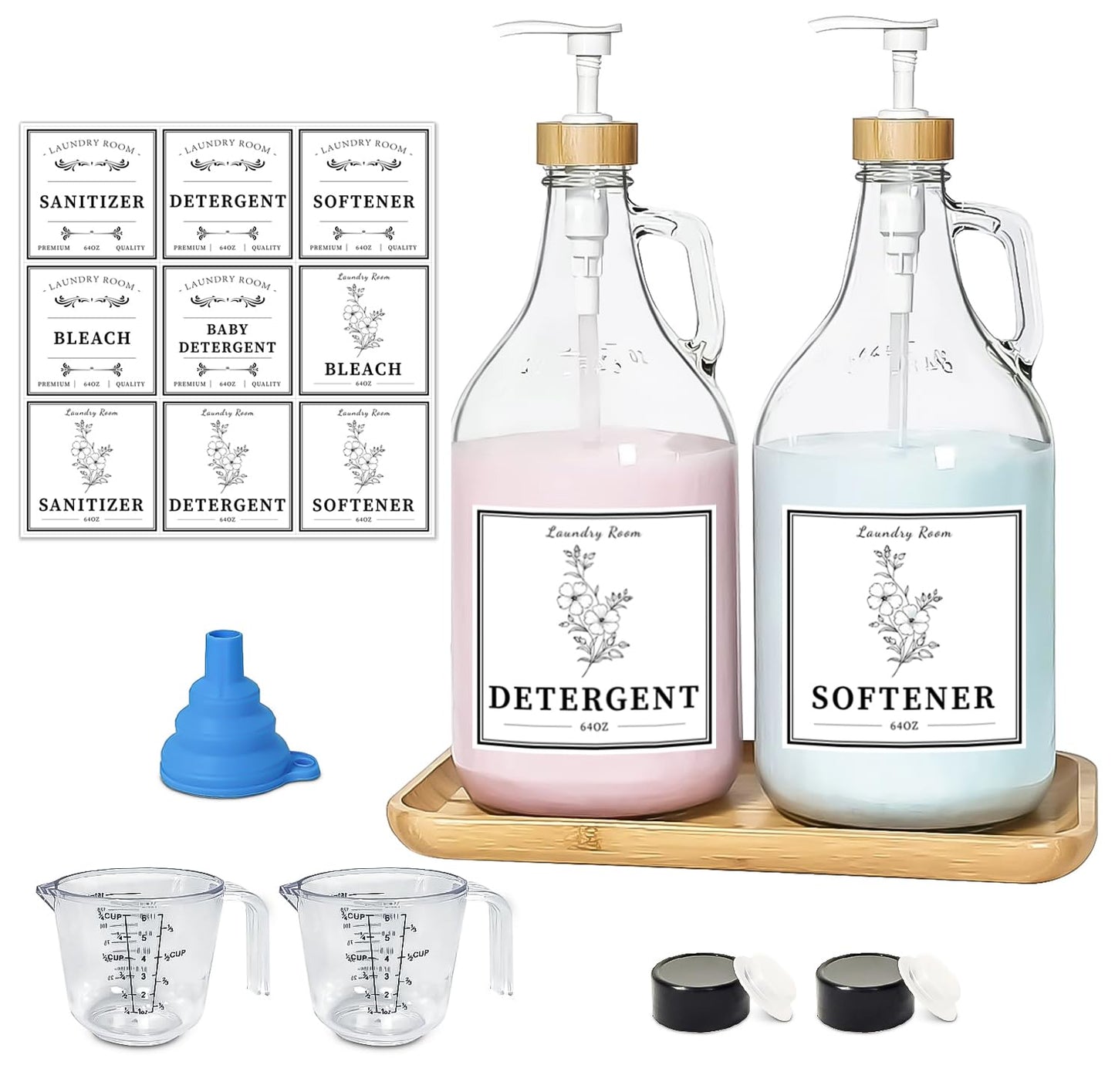 2 Pcs Glass Laundry Detergent Dispenser Bottle, Liquid Laundry Soap Dispenser for Laundry Room, 64oz Detergent Bleach Softener Dispenser for Farmhouse Decor, Includes Bamboo Pumps Tray Funnel Labels